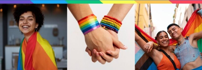 Pessoas LGBTQIA+ celebrando com bandeiras e pulseiras do arco-íris
