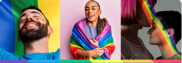 Pessoas sorrindo envoltas em bandeiras do orgulho LGBTQIA+